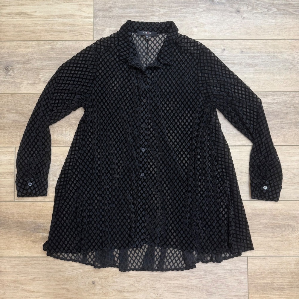 Jason Black Sheer Velvet Burnout Relaxed Fit Button Up Top Beach Coverup Small
